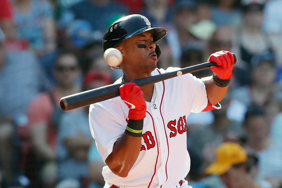 Boston Red Sox's Jeter Downs fouls off a bunt attempt during the second inning of a baseball game against the Toronto Blue Jays, Saturday, July 23, 2022, in Boston. (AP Photo/Michael Dwyer)