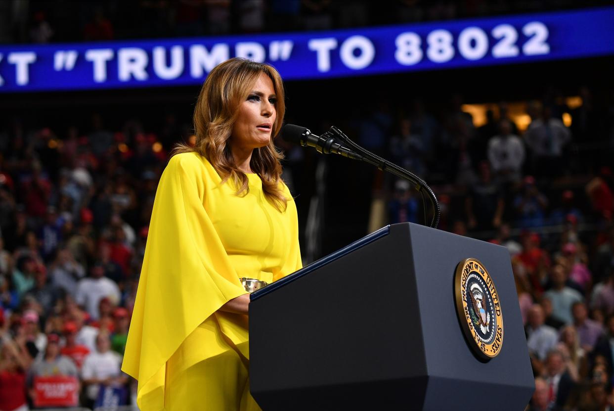 US First Lady Melania Trump speaks during the launch of the Trump 2020 campaign at the Amway Center in Orlando, Florida on June 18, 2019. - Trump kicks off his reelection campaign at what promised to be a rollicking evening rally in Orlando. (Photo by MANDEL NGAN / AFP)        (Photo credit should read MANDEL NGAN/AFP/Getty Images)