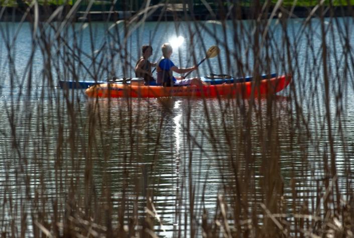 A pair of kayakers, seen through some shoreline tule reeds, paddle their crafts on the waters of Lodi Lake in Lodi. This an example of layering. The reeds are one layer and the kayakers are another.