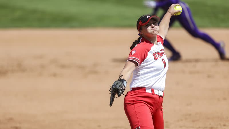 FILE — Utah pitcher Mariah Lopez (8) delivers a pitch during a Pac-12 softball game against Washington at Dumke Family Softball Stadium in Salt Lake City, Utah on Sunday, May 8, 2022. Utah won the 2023 Pac-12 softball tournament championship.