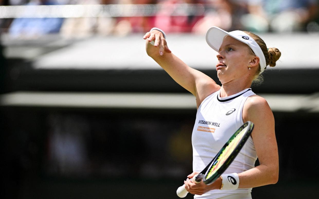 Britain's Harriet Dart reacts as she plays against Britain's Katie Boulter during their women's singles tennis match on the fourth day of the 2024 Wimbledon Championships at The All England Lawn Tennis and Croquet Club in Wimbledon, southwest London, on July 4, 2024