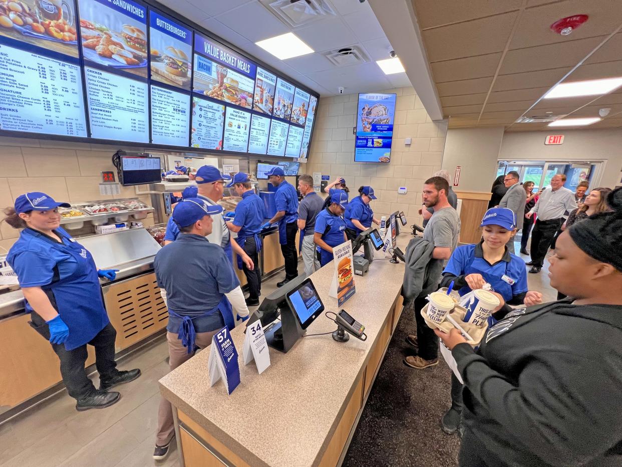 The staff at Culver's effort to keep up with demand during the lunch rush Wednesday morning.