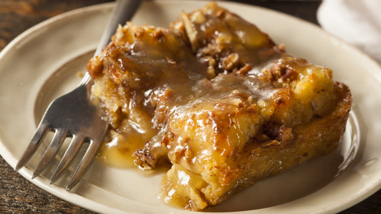 bread pudding slice on plate