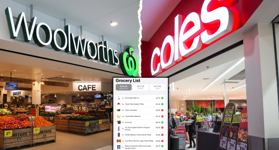 Woolworths and Coles supermarket stores with screenshot of UpUp app