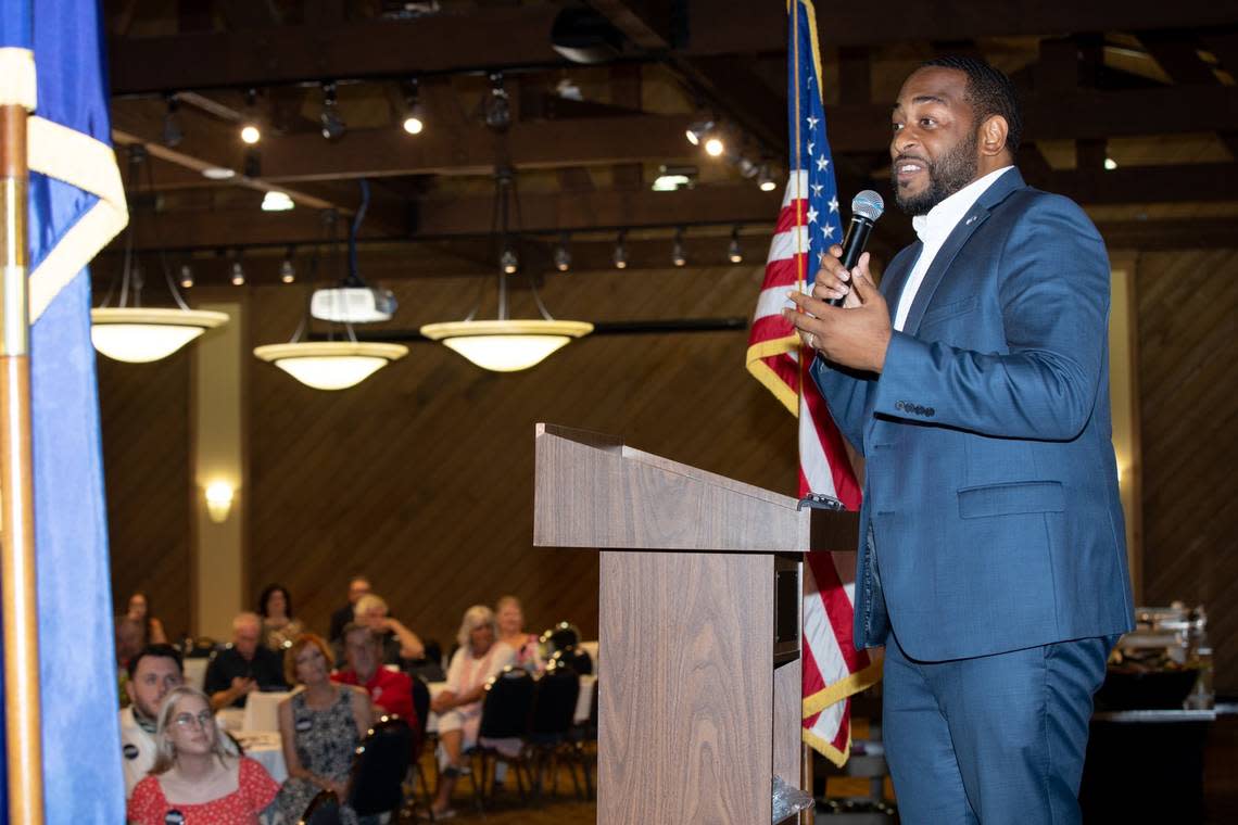 U.S. Senate candidate Charles Booker and others spoke at the Marshall County Democrats 25th annual Bean Dinner Friday night before Facy Farm.