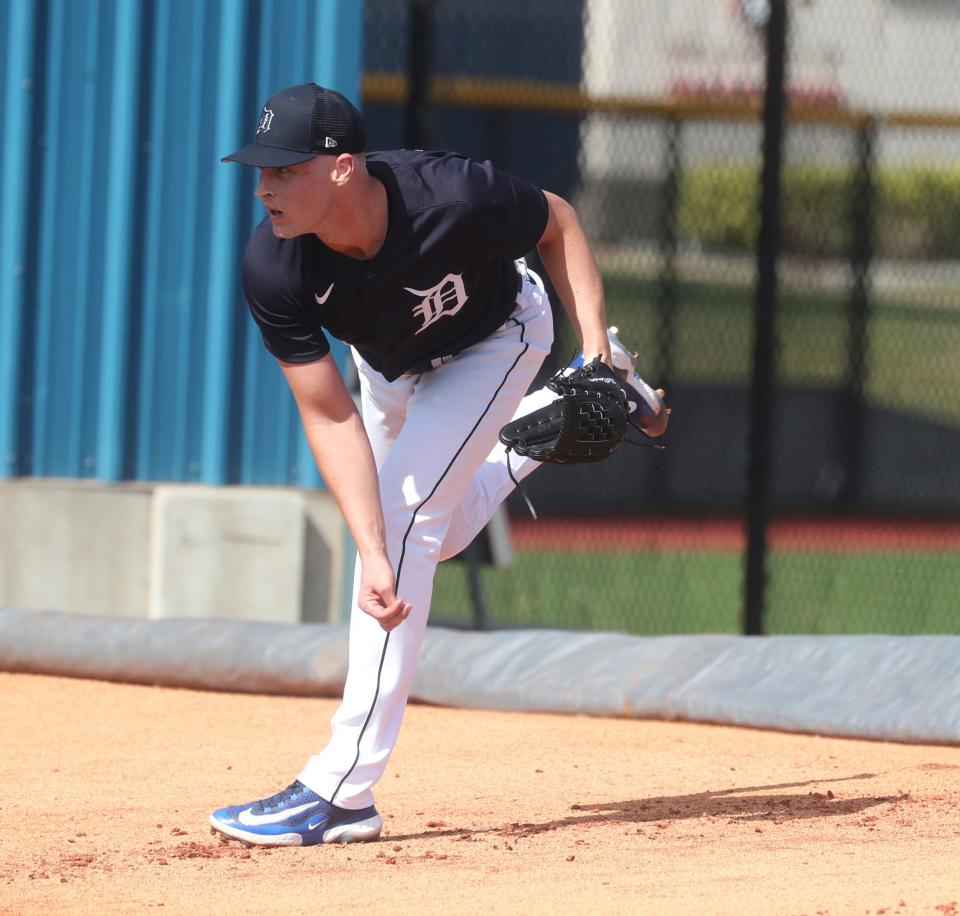 Detroit Tigers pitchers and catchers went through drills and a bullpen session during spring training Wednesday, Feb.  15, 2023 in Lakeland, Fla.  Pitcher Matt Manning throws during his bullpen session.