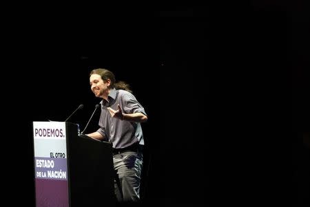 Pablo Iglesias, secretary-general of Spanish anti-austerity party Podemos (We Can), speaks during a meeting in Madrid February 25, 2015. REUTERS/Sergio Perez