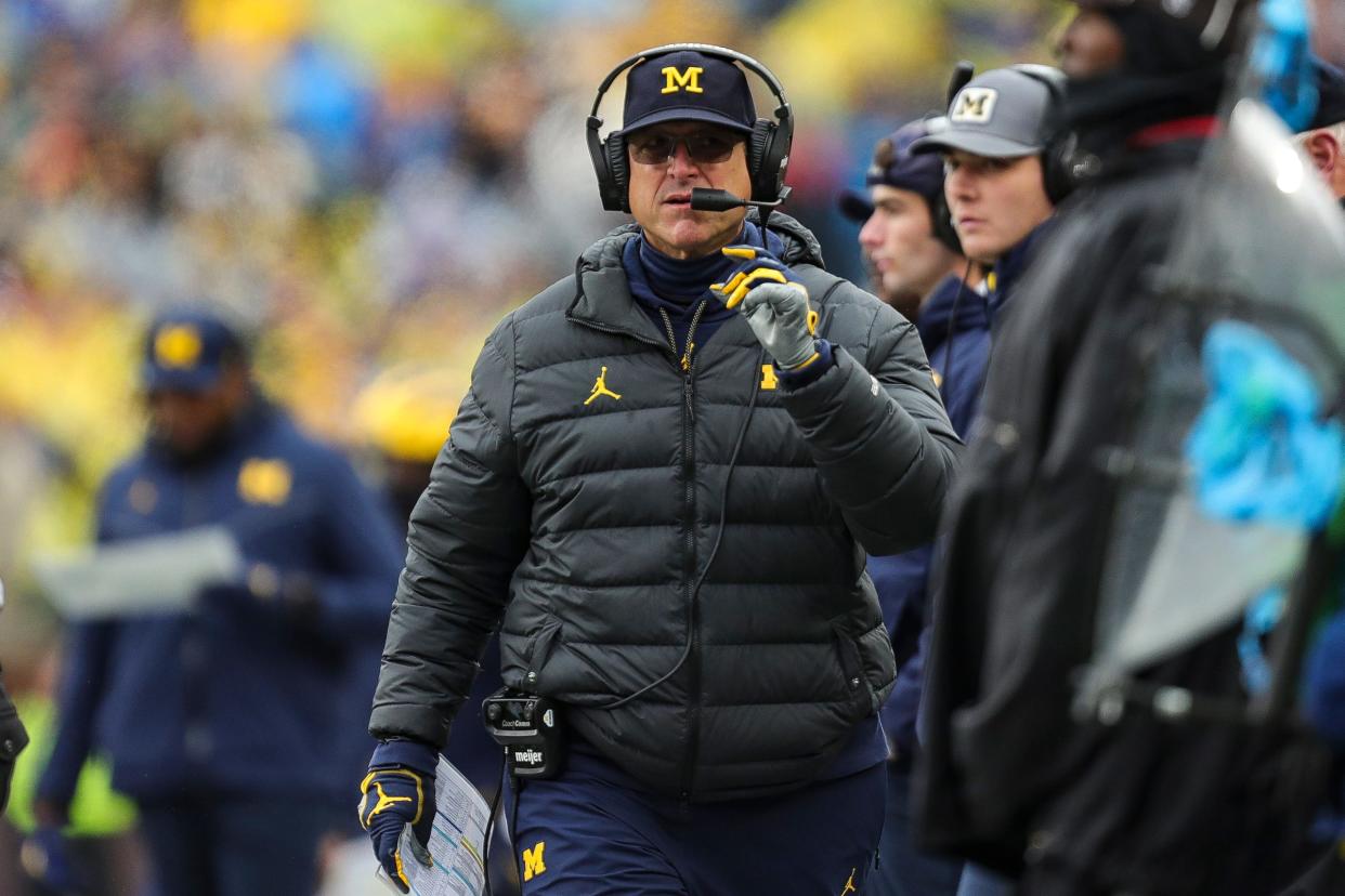 Michigan head coach Jim Harbaugh watches a play against Indiana during the first half at Michigan Stadium in Ann Arbor on Saturday, Oct. 14, 2023.