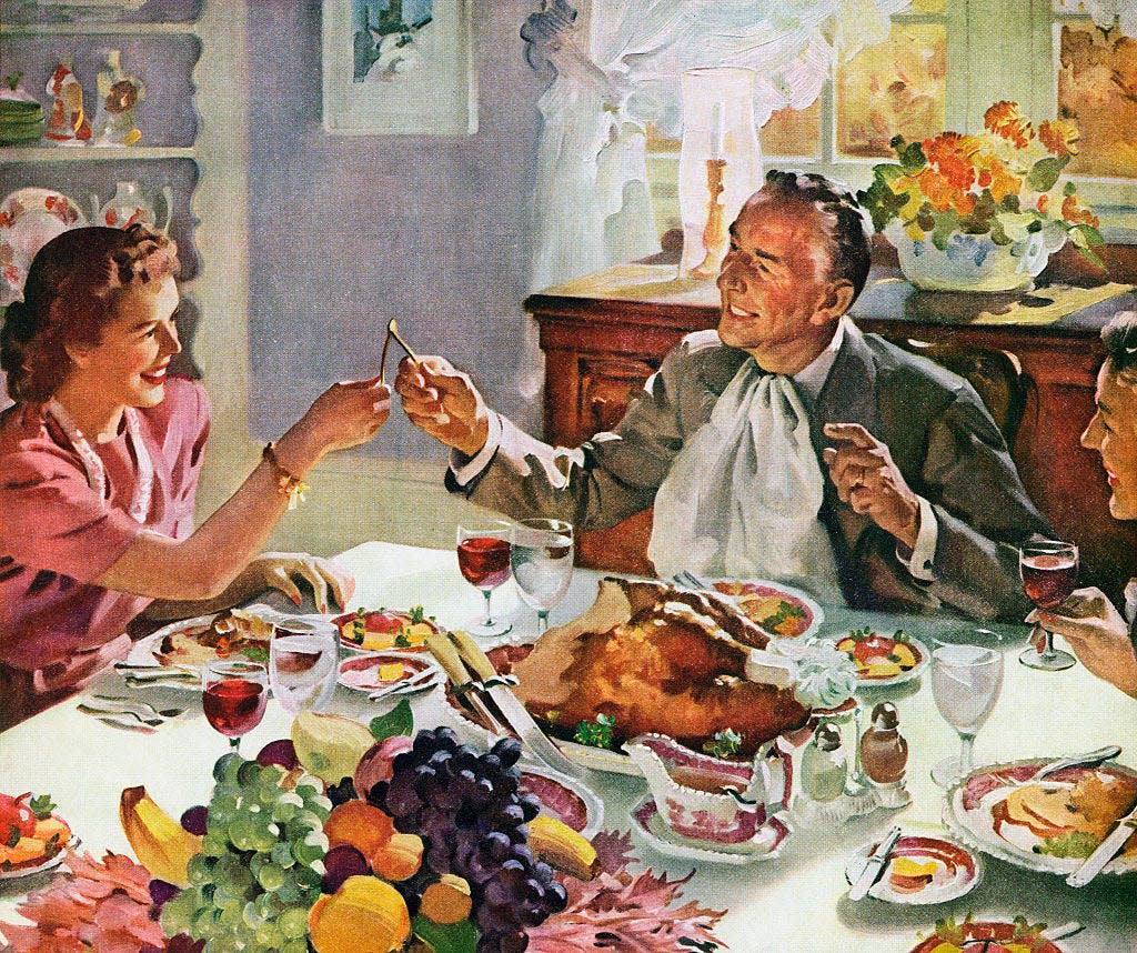 A vintage illustration shows a husband and wife pulling the wishbone of a turkey for good luck at Thanksgiving dinner