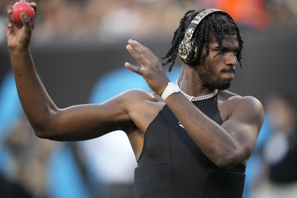 Colorado quarterback Shedeur Sanders warms up before an NCAA college football game against Colorado State, Saturday, Sept. 16, 2023, in Boulder, Colo. (AP Photo/David Zalubowski)