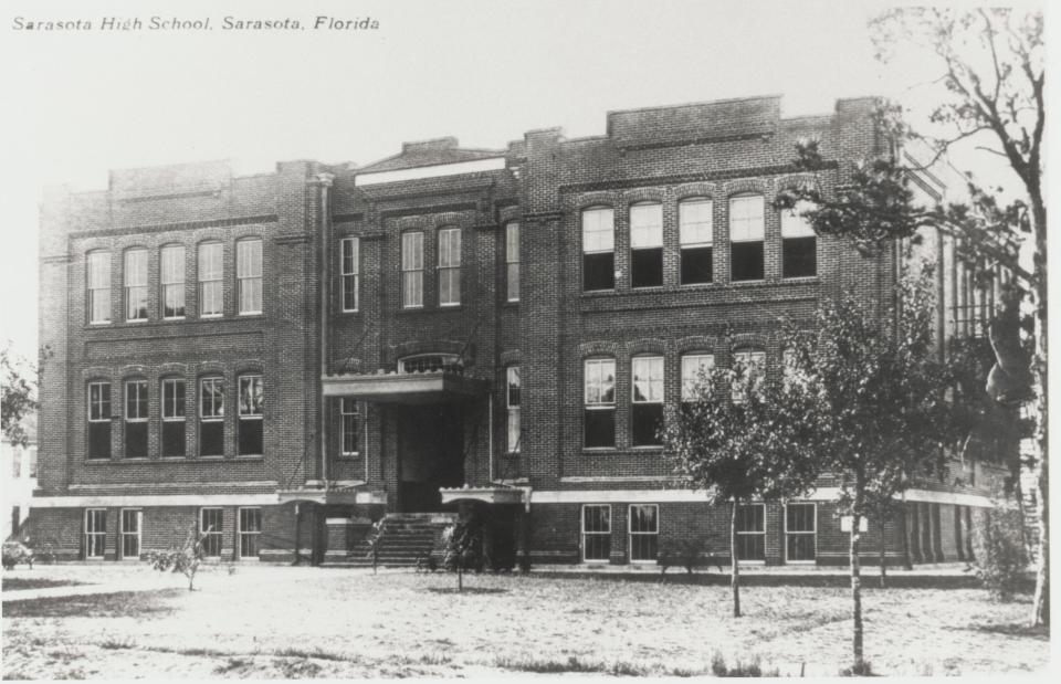 The Memorial Oak trees on Victory Avenue, in front of the original Sarasota High School, were dedicated by Mrs. Guenther of the ever-active Woman’s Club.