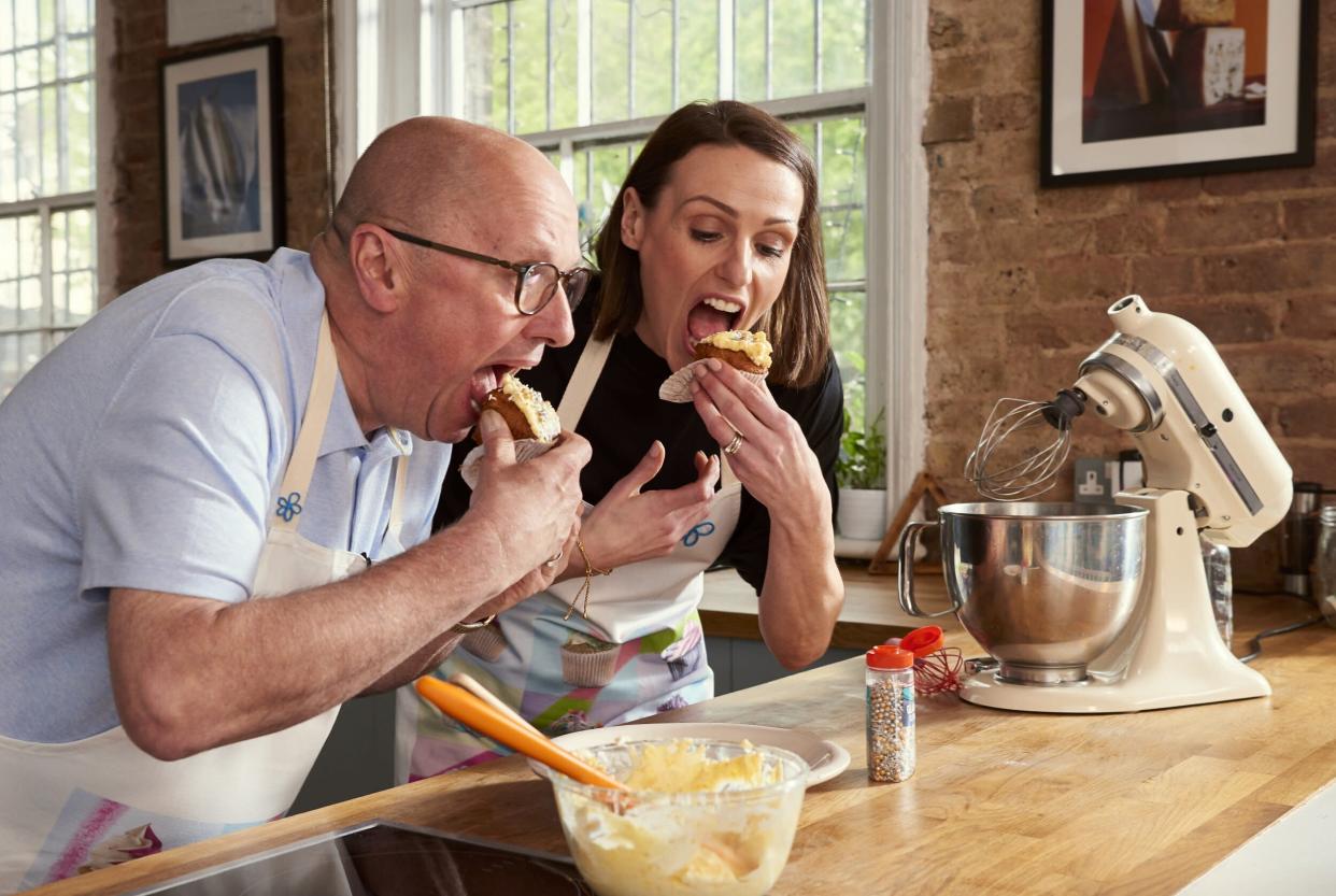 Suranne Jones and Paul Hoskins, who has dementia, bake together for Alzheimer’s Society’s Cupcake Day (Credit: Alzheimer's Society)