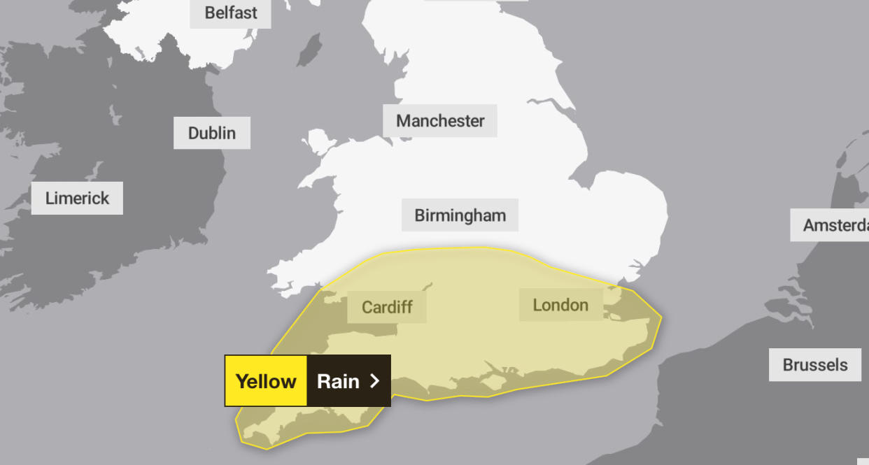 A yellow warning for rain is in place for the south of the country on Friday. (Met Office)