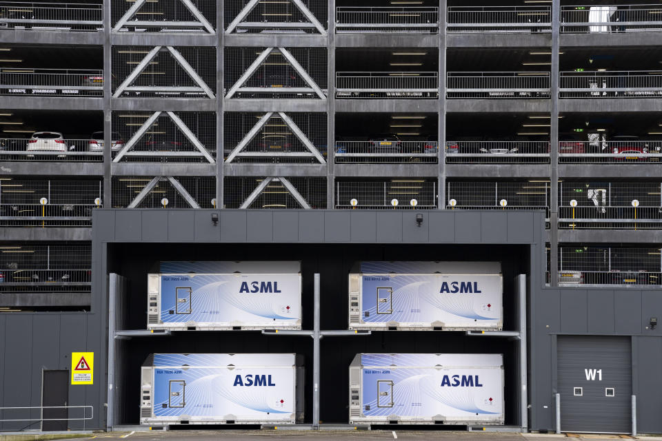 Exterior view of one of the buildings in the ASML complex, a leading manufacturer of semiconductor manufacturing equipment, in Veldhoven, Netherlands, Monday, January 30, 2023. ASML says U.S., Dutch and Japanese officials are close to an agreement to limit Chinese emissions access to the technology used to make computer chips.  (AP photo/Peter Dejong)