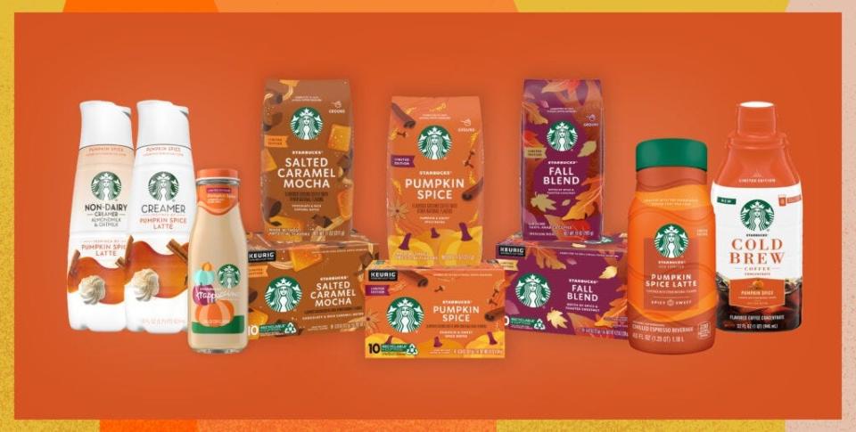 Starbucks Iced Espresso Pumpkin Spice Latte, Pumpkin Spice Frappuccino Chilled Coffee Drink and other at-home options are available in grocery stores.