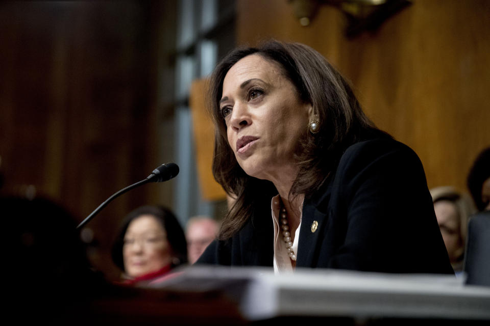 FILE - In this Wednesday, May 1, 2019, file photo, Sen. Kamala Harris, D-Calif., speaks on Capitol Hill in Washington. Harris is offering a new bill to address racial disparities in maternal health care, one of several plans by 2020 presidential candidates on the issue. The California Democrat’s bill would create some $150 million in grant programs to medical schools and states to fight implicit racial bias in medical care for women. (AP Photo/Andrew Harnik, File)