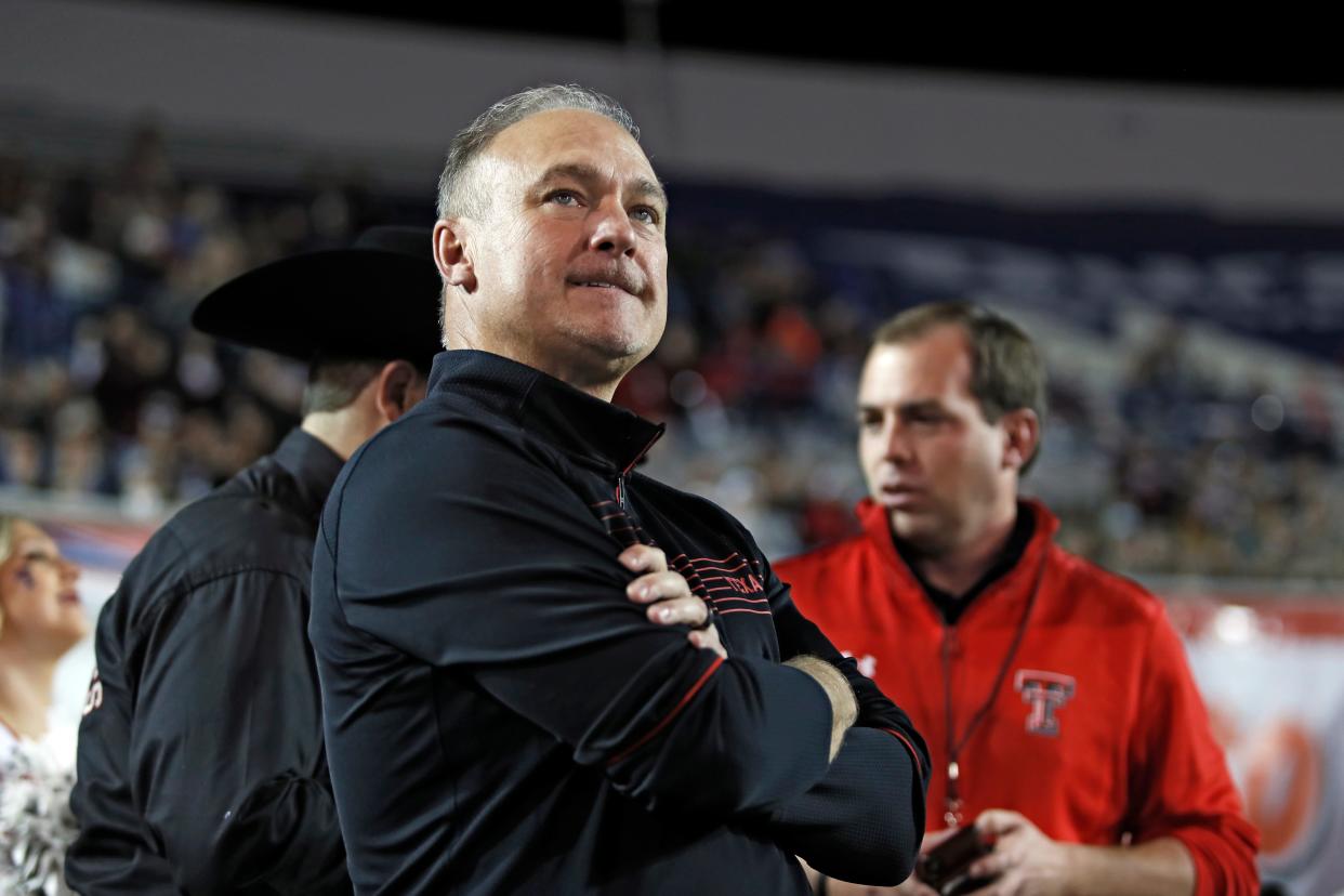 Texas Tech coach Joey McGuire stands on the sidelines during the Liberty Bowl NCAA college football game on Tuesday, Dec. 28, 2021, in Memphis, Tenn.