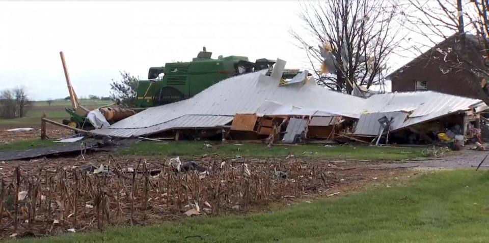 PHOTO: A damaged building is shown in Vanderburgh County, Indiana, on April 2, 2024, after a storm rolled through the area. (WEHT)