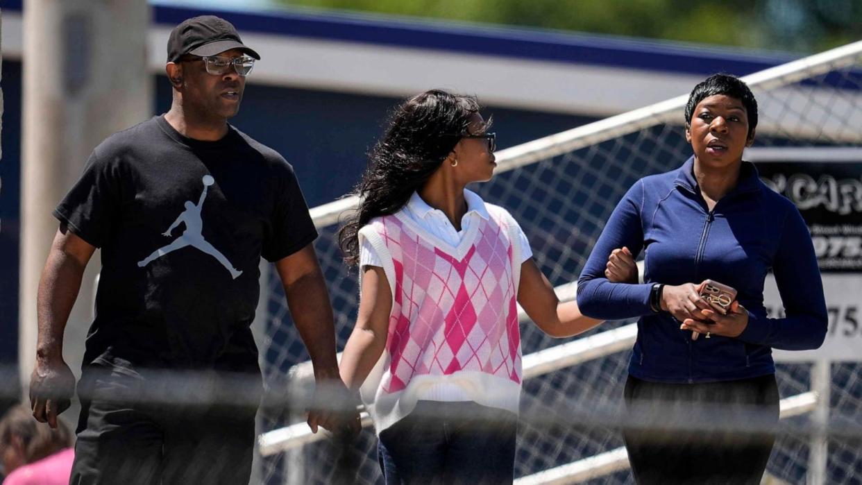 PHOTO: Parents walk their children out of Apalachee High School after a school shooting, Sept. 4, 2024, in Winder, Georgia. (Mike Stewart/AP)