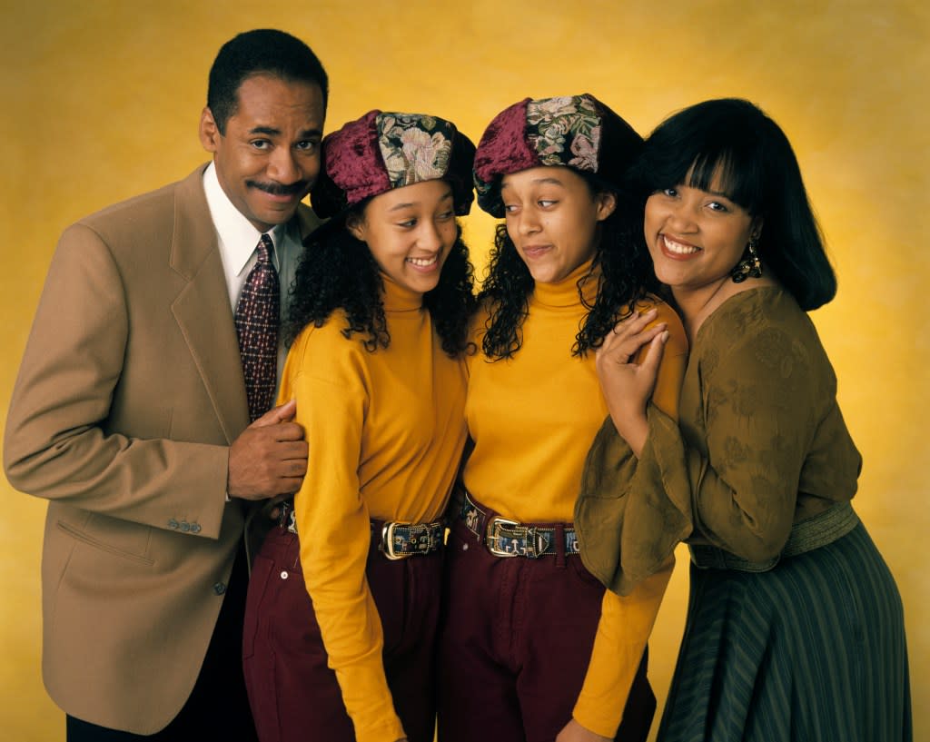 The cast of “Sister, Sister” includes (from left) Tim Reid, Tamera Mowry, Tia Mowry and Jackee Harry. (Photo by ABC Photo Archives/Disney General Entertainment Content via Getty Images)
