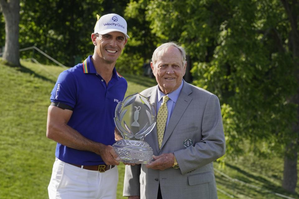 Billy Horschel poses with tournament host Jack Nicklaus after winning the Memorial Sunday at Muirfield Village Golf Club in Dublin, Ohio.