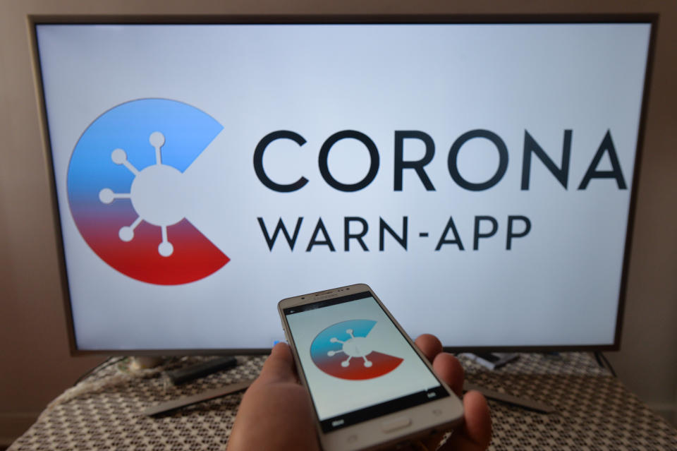 Corona-Warn-App photo illustration. Germany launched a new coronavirus tracking app.  Corona Warn App alerts users when they have been in contact with someone who has tested positive. The app uses Bluetooth radio technology, which is otherwise used to control wireless speakers, keyboards or other devices. On  June 17, 2020, in Krakow, Poland. (Photo Illustration by Artur Widak/NurPhoto via Getty Images)