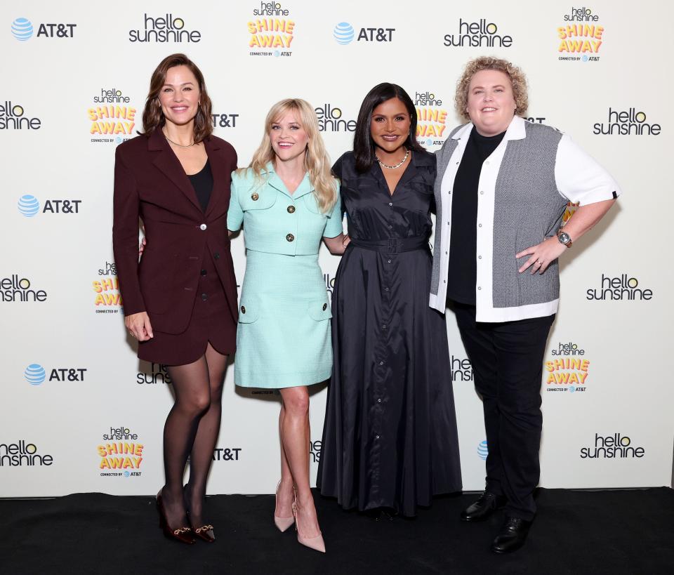 Jennifer Garner, far left, Reese Witherspoon, Mindy Kaling and Fortune Feimster attend a Hello Sunshine event on October 21, 2023 in Los Angeles.