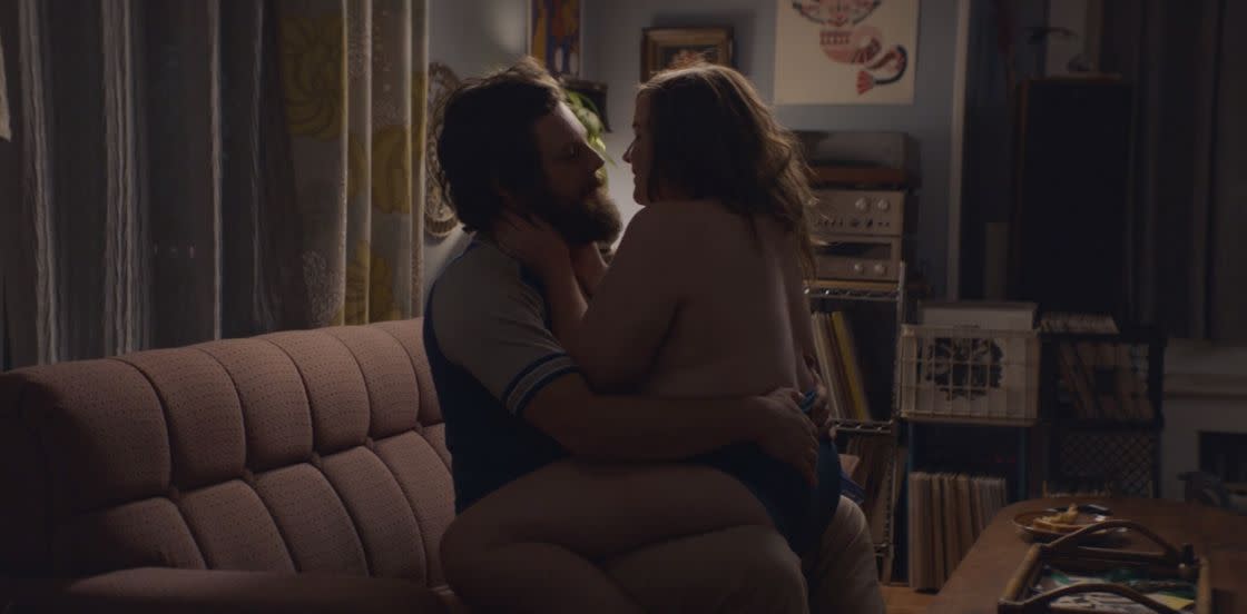 In Hulu&rsquo;s new series &ldquo;Shrill,&rdquo; Annie (played by the plus-size Aidy Bryant) straddles her boyfriend during a steamy make-out scene. (Photo: Hulu)