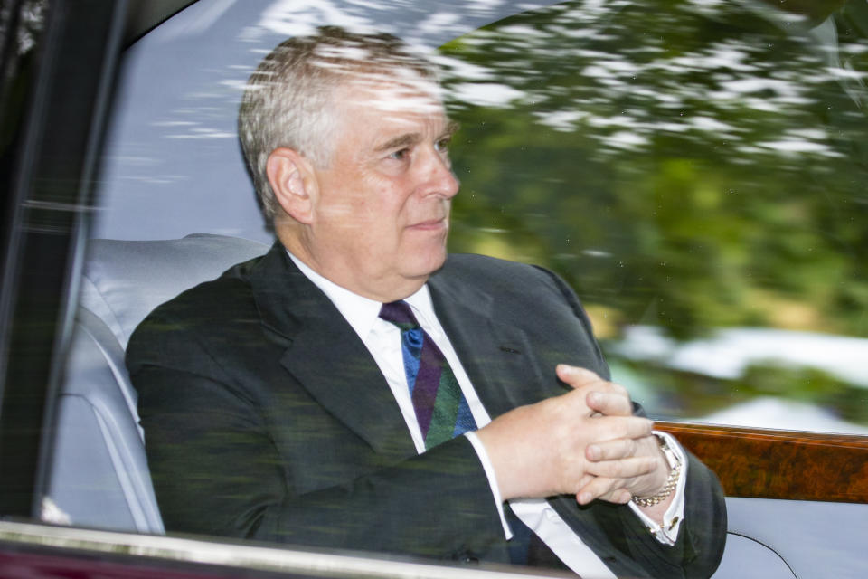 CRATHIE, ABERDEENSHIRE - AUGUST 11: Prince Andrew, Duke of York is driven from Crathie Kirk Church following the service on August 11, 2019 in Crathie, Aberdeenshire. Queen Victoria began worshipping at the church in 1848 and every British monarch since has worshipped there while staying at nearby Balmoral Castle. (Photo by Duncan McGlynn/Getty Images)