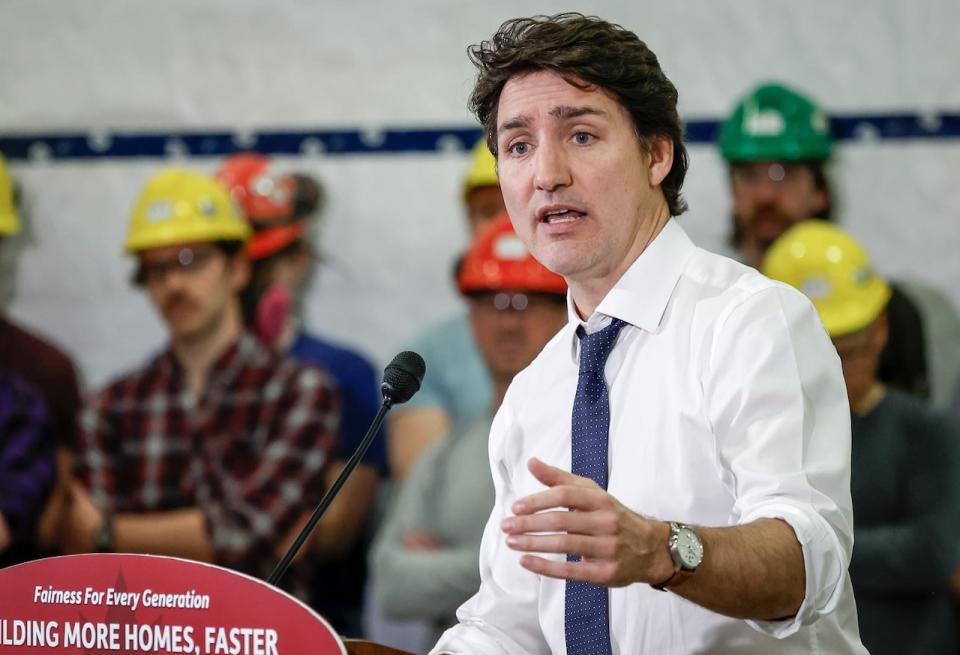 Prime Minister Justin Trudeau makes a housing announcement in Calgary, Alta. on Friday, April 5, 2024. (Jeff McIntosh/The Canadian Press - image credit)