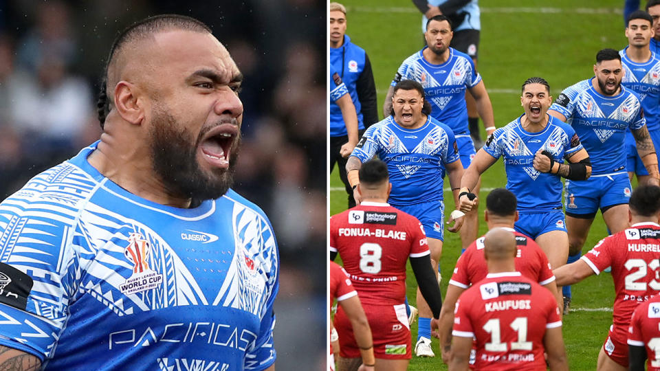 Pictured here, Samoa and Tonga performing their pre-game war dances at the same time at the Rugby League World Cup. 