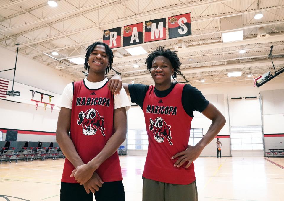 Jan 18, 2022; Maricopa, Arizona, USA; Kevin Jr. and Kallai Patton (right), bothers that play basketball at Maricopa High School. Kevin Jr. is a 6-8 senior and Kallai is a 6-4 sophomore.