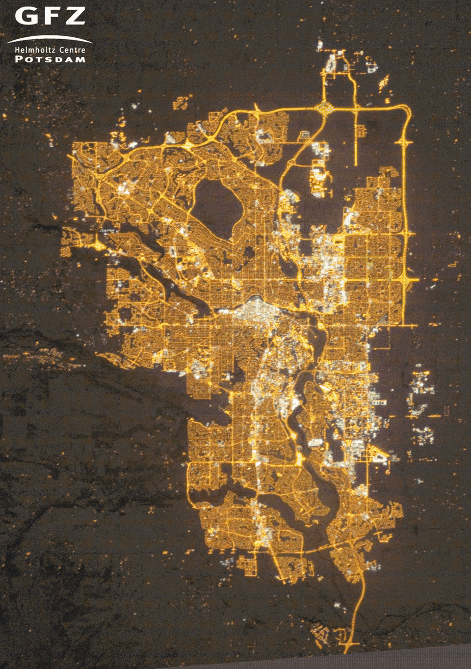 Artificial lights in Calgary have increased noticeably between 2010 to 2015. <cite>Image courtesy of the Earth Science and Remote Sensing Unit, NASA Johnson Space Center</cite>