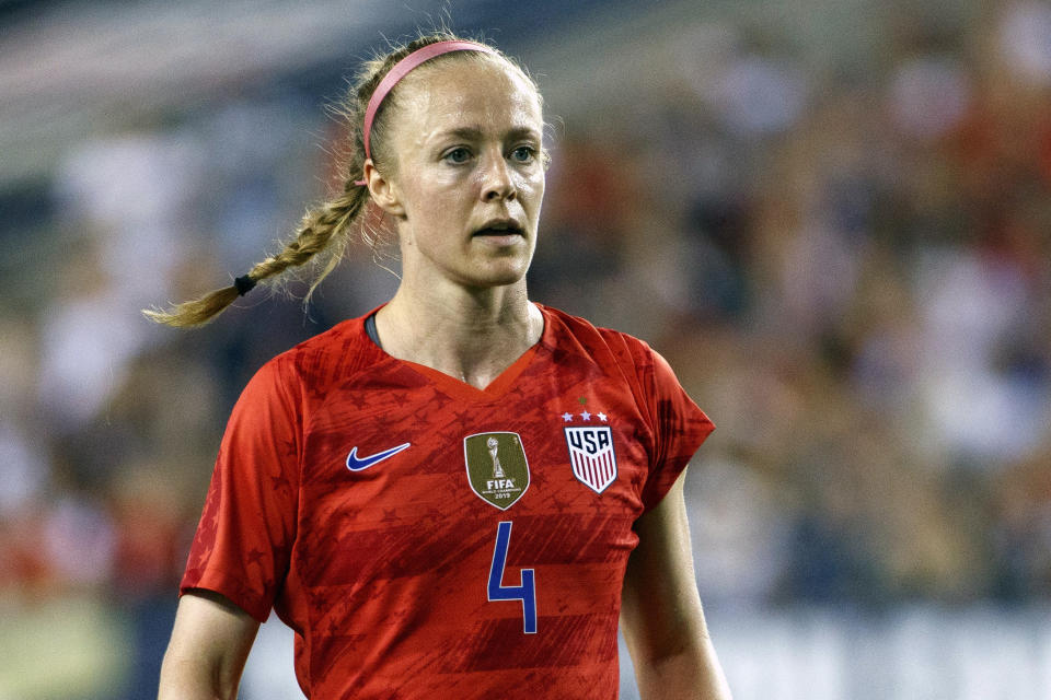FILE - In this Aug. 29, 2019, file photo, United States' Becky Sauerbrunn is shown during an international friendly soccer match against Portugal in Philadelphia. Players on the U.S. women's national soccer team are trying to process an investigation that found emotional abuse and sexual misconduct are systemic in women’s soccer. U.S. defender Becky Sauerbrunn says she is horrified by the report. (AP Photo/Matt Slocum, File)