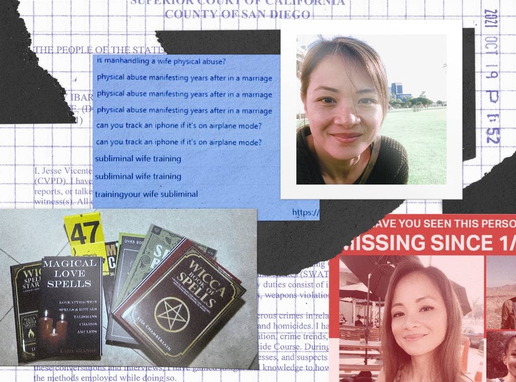 A photo collage shows a screengrab of google searches, a missing person flyer, and a pile of books titled "magical love spells" and "wicca book of spells"