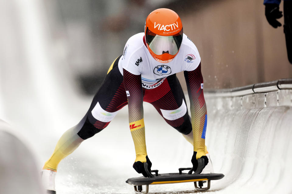 Second placed Axel Jungk from Germany crosses the finish line of the men's skeleton World Cup race in Winterberg, Germany, Friday, Jan. 6, 2023. (Friso Gentsch/dpa/dpa via AP)