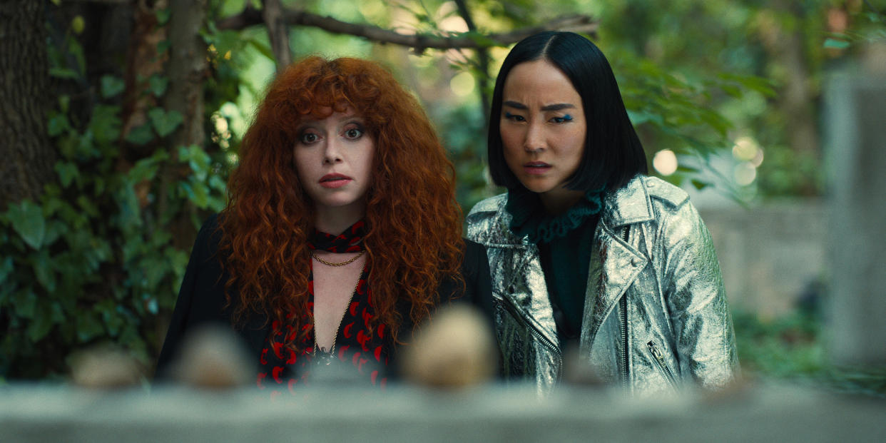 Natasha Lyonne as Nadia Vulvokov and Greta Lee as Maxine in Russian Doll. (Netflix)