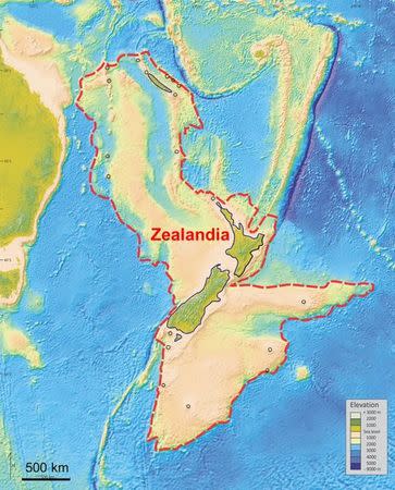 An illustration provided to Reuters February 18, 2017 shows what geologists are calling Zealandia, a continent two-thirds the size of Australia lurking beneath the waves in the southwest Pacific. Nick Mortimer/GNS Science Research Institute/Handout via REUTERS