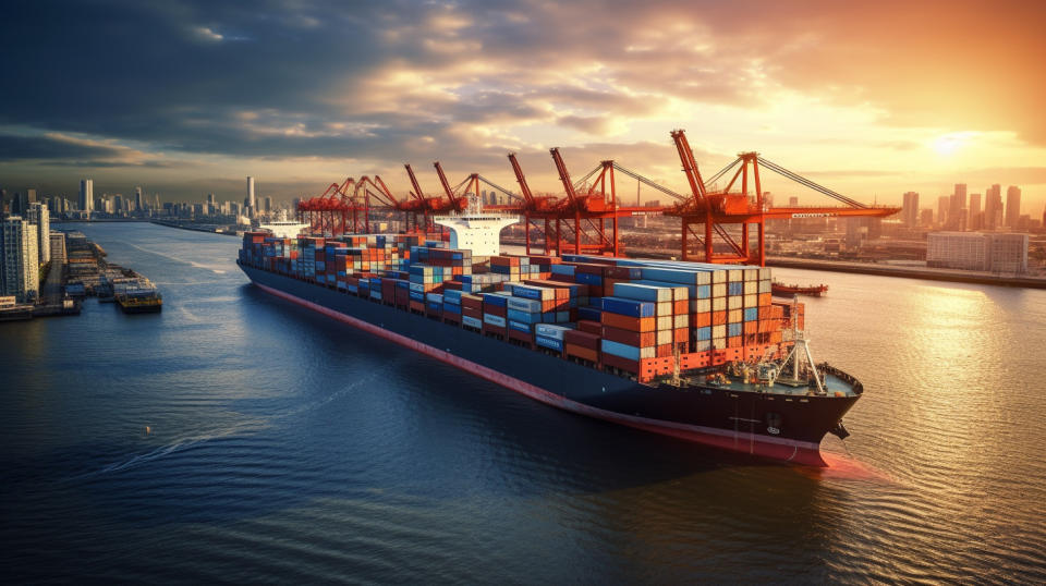 A large container ship floating in a harbor, its cargo illuminated by the setting sun.