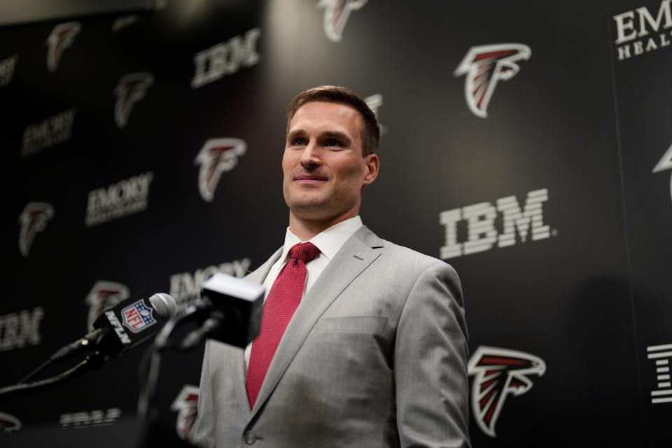 Altanta Falcons Quarterback Kirk Cousins speaks during a news conference, Wednesday, March 13, 2024, in Flowery Branch, Ga., near Atlanta.