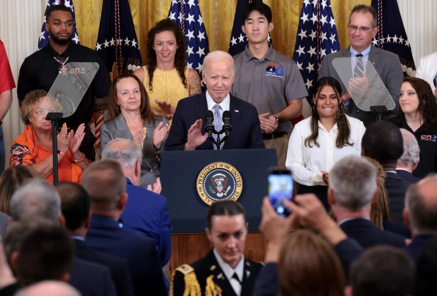 U.S. President Joe Biden delivers remarks on the first anniversary of the Inflation Reduction Act in the East Room at the White House on Aug. 16, 2023, in Washington, D.C. (Photo by Win McNamee/Getty Images)