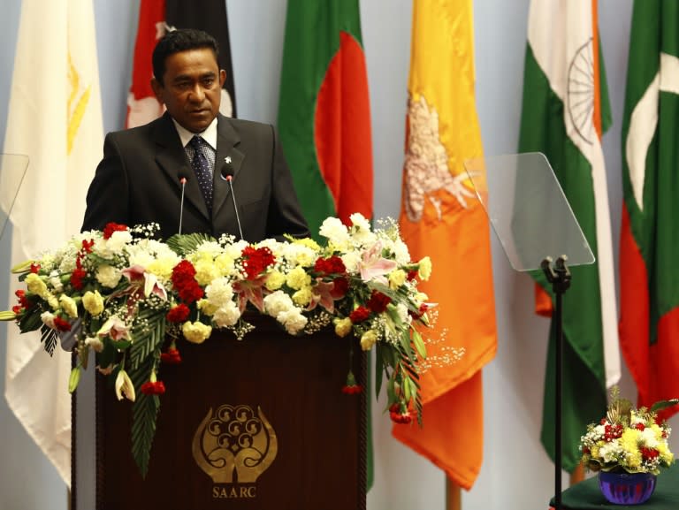 Maldivian President Abdulla Yameen, pictured here on November 26, 2014, warned India's foreign minister against external interference in the islands' affairs