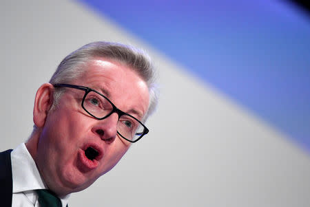 Britain's Secretary of State for Environment Michael Gove speaks at the Conservative Party Conference in Birmingham, Britain, October 1, 2018. REUTERS/Toby Melville