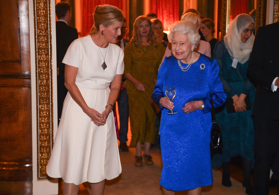 Britain's Queen Elizabeth II (R) and Britain's Sophie, Countess of Wessex, attend a reception at Buckingham Palace in London on October 29, 2019, to celebrate the work of The Queen Elizabeth Diamond Jubilee Trust. (Photo by Kirsty O'Connor / POOL / AFP) (Photo by KIRSTY O'CONNOR/POOL/AFP via Getty Images)