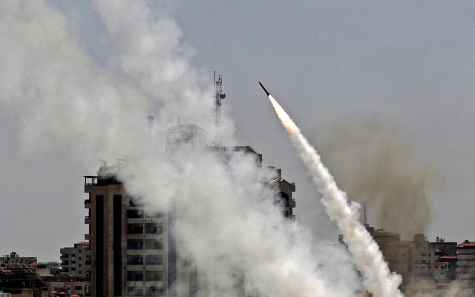 Rockets fired from Gaza City toward Israel in 2021.