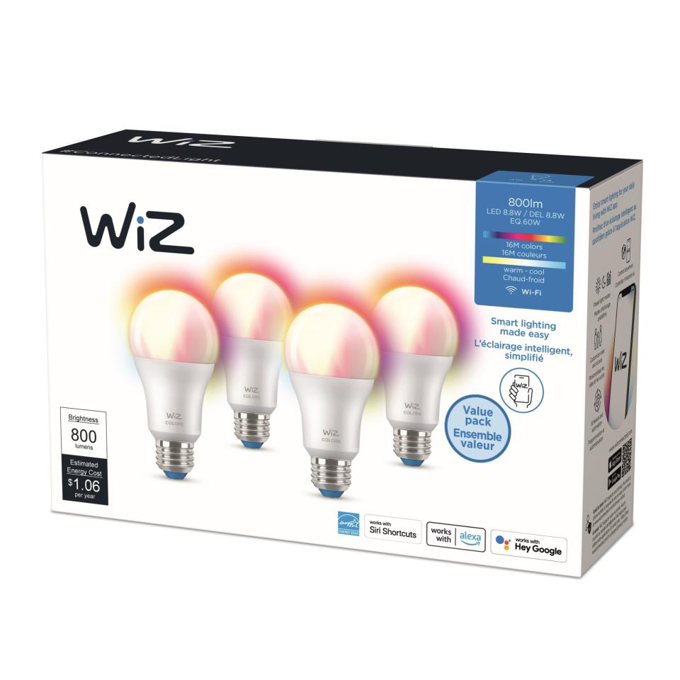 WiZ LED Smart Wi-Fi Connected 60-Watt A19 Color Bulbs against white background