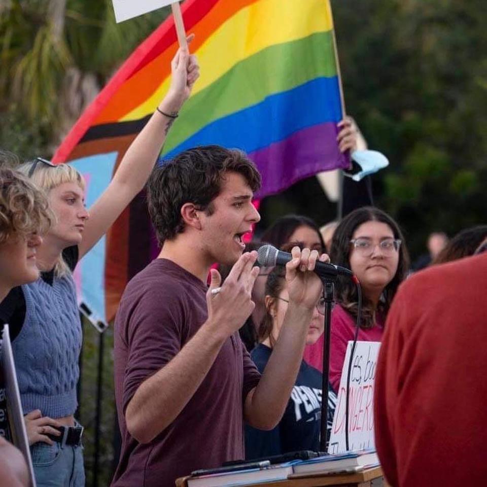 Activist Jack Petocz, who is among the founders of the Youth Action Fund, speaks in protest of the Flagler County School Board in 2021. He and other students led a walkout to protest a Florida law that limits discussion of sexual orientation and race in schools.