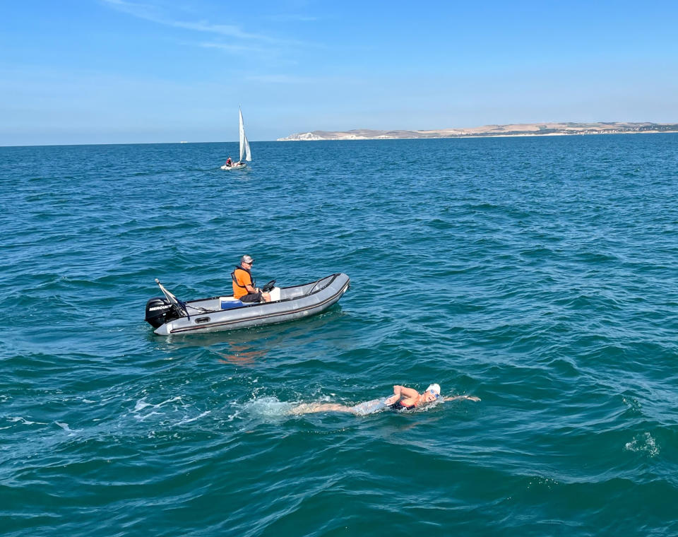 Martha Wood swims in the English Channel in August 2022. Open-water swimming is a pastime embraced by many in their 50s and up, way up. It favors the hardy, the persistent, the well-insulated. For Wood, a world champion ice swimmer (swimming in water under 40 degrees), “It’s the meditative empowerment that drives me." (Alexandra Ellis via AP)