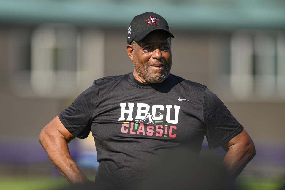 Former Major League Baseball player Ken Griffey Sr. addresses the players before a workout the day before the HBCU Swingman Classic during the 2023 All Star Week, Thursday, July 6, 2023, in Seattle. (AP Photo/Caean Couto)
