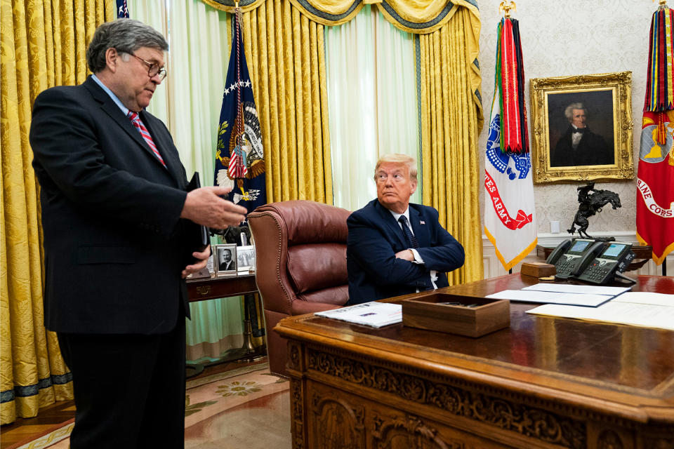 Protect Democracy has organized former Justice Department officials to speak out against Barr, left, and President Trump | Doug Mills—The New York Times/Redux